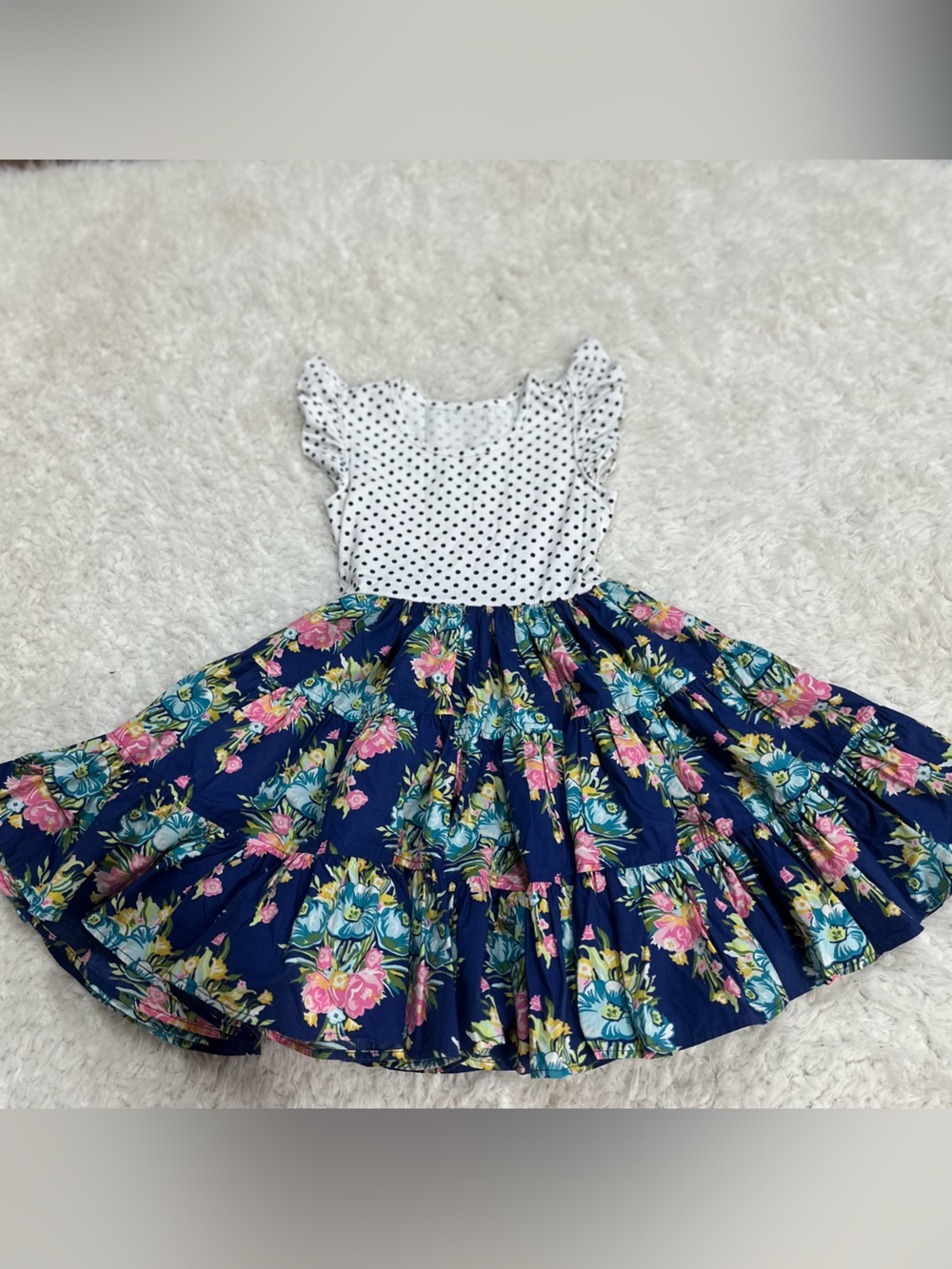 Eleanor Rose Navy Blue Floral & White Polka Dot Girls Dress